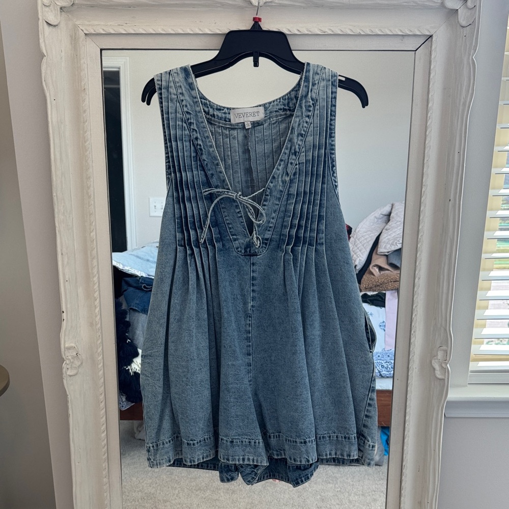 Denim Sleeveless Pleated Romper